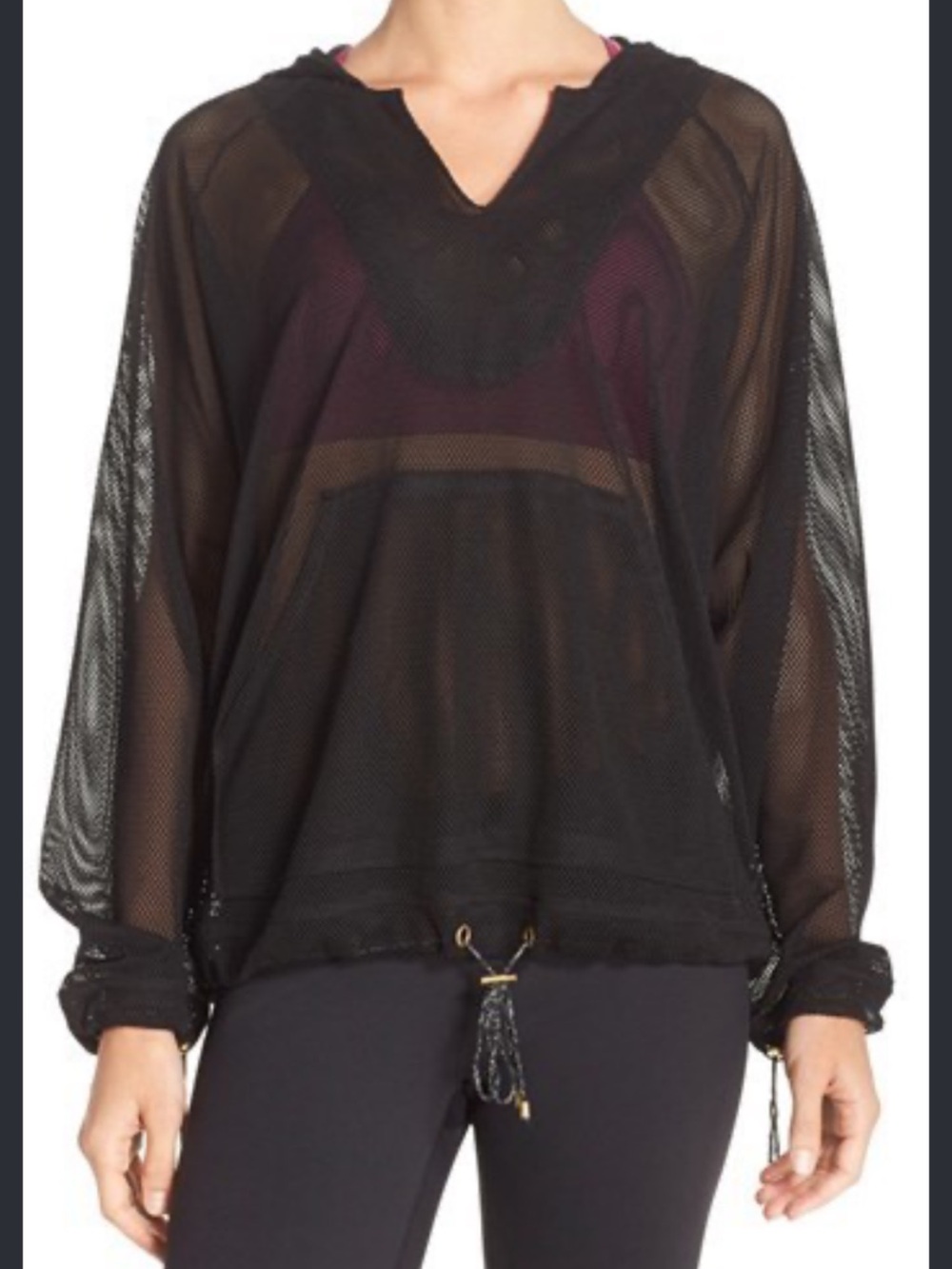 Free People Just Breathe Black Mesh Hoodie Oversized Sheer Top